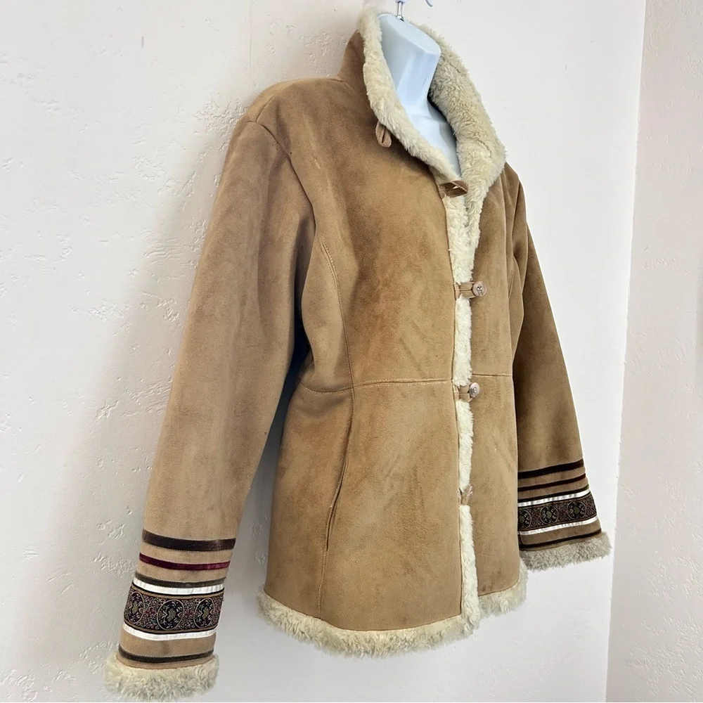 Vintage 90s Y2K Faux Suede Sherpa Lined Jacket Sz M Tan Coat Boho Phoebe Buffay